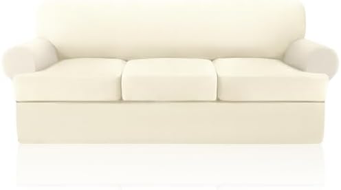 4 Piece T Cushion Sofa Slipcovers Stretch Couch Slip Cover for 3 Cushion Couch Sofa, Machine Washable for Living Room (Light Yellow, 3 Cushions)