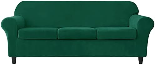 OBCREAT 4 Pieces Sofa Slipcover Stretch Velvet Sofa Covers for 3 Cushion Couch Soft Couch Cover with Elastic Bottom Non Slip Furniture Protector for Pets Kids (Green, Large)