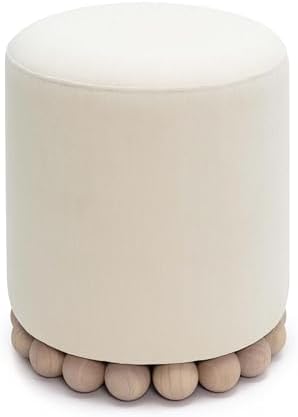First of a Kind Ottoman Foot Rest - Cream Plywood Round Ottoman Stool with Solid Wood Spherical Orbs - 15.7" W x 15.7" D x 18.3" H - Handmade, Easy Clean, 330 lbs Weight Capacity