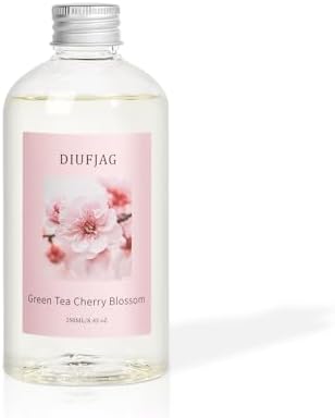 Green Tea Cherry Blossom Diffuser with 20 Black Fiber Sticks, 6.7 oz Diffusers for Home Essentials Bathroom,Last up to 60 Days（200ml