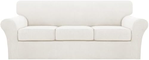 Turquoize 4 Piece Sofa Covers for 3 Cushion Couch Sofa Slipcover Soft Couch Cover for Dogs-Washable Sofa Furniture Cover with 3 Individual Cushion Covers (3 Cushion Sofa, Porcelain White)