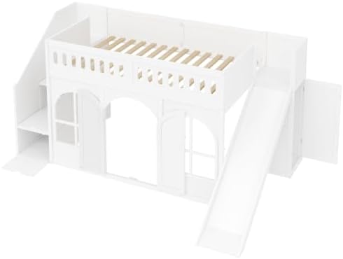 SOFTSEA Twin Size Loft Bed with Slide, Storage Stairs and Wardrobe, White