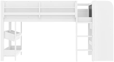 Bellemave Twin Size Low loft Bed with Desk and bookcases, Boxes and Drawers for Kids,Wood Modern Farmhouse Kids Loft Bed with Shelf, White