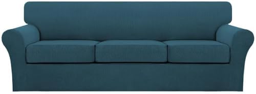 Turquoize 4 Piece Sofa Covers for 3 Cushion Couch Sofa Slipcover Soft Couch Cover for Dogs Washable Furniture Cover with 3 Individual Large Cushion Covers Feature Fabric (Large Sofa, Deep Teal)