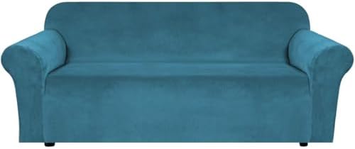 H.VERSAILTEX Stretch Velvet Sofa Covers for 3 Cushion Couch Covers Furniture Protector Soft with Non Slip Elastic Bottom, Crafted from Thick Comfy Rich Velour (Large Sofa 90"-97", Peacock Blue)