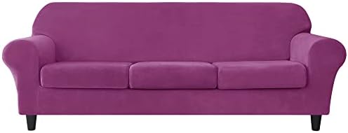 OBCREAT 4 Pieces Sofa Slipcover Stretch Velvet Sofa Covers for 3 Cushion Couch Soft Couch Cover with Elastic Bottom Non Slip Furniture Protector for Pets Kids (Purple, Large)