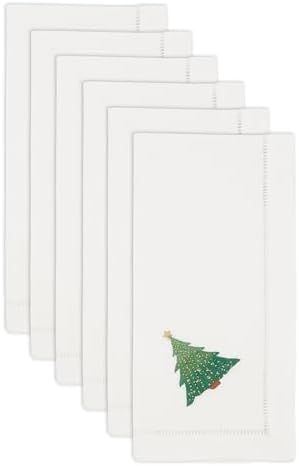 Handmade Whimsical Christmas Tree Embroidery Napkin with Hemstitched Border (Set of 6)