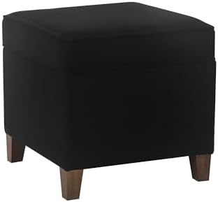 Adeco 17.5" Square Fabric Ottoman with Storage - Upholstered Cotton Linen Foot Rest - Flip Top Footstool with Sturdy Wood Legs, Small Cube Coffee Table Extra Seat for Living Room, Bedroom, Black
