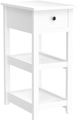 SEJOV Narrow Side Table, Small White End Table with Drawer and 2 Shelves