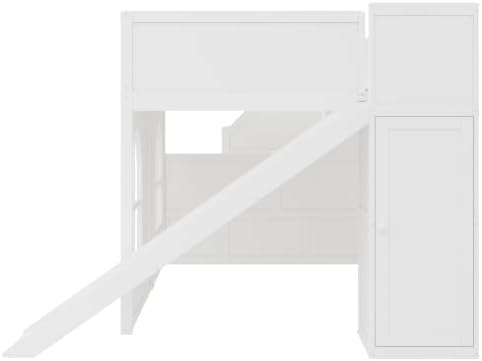 SOFTSEA Full Size Loft Bed with Storage Stairs and Slide for Kids, Playhouse Loft Bed Frame with Windows and Doors, Large Under Bed Space, White