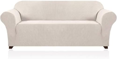 PrinceDeco Stretch Sofa Cover Slipcover Couch Covers for 3 Cushion Couch Furniture Protector Sofa Covers with Non Slip Elastic Bottom Dogs Pet Friendly Fitted(Large Sofa 90"-100",Ivory)