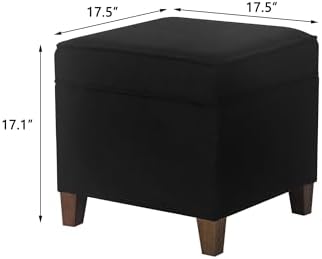 Adeco 17.5" Square Fabric Ottoman with Storage - Upholstered Cotton Linen Foot Rest - Flip Top Footstool with Sturdy Wood Legs, Small Cube Coffee Table Extra Seat for Living Room, Bedroom, Black