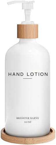 White Glass Lotion Dispenser with Pump Bathroom Set by Brighter Barns - Hand Lotion Dispenser with Tray - Modern Bathroom Decor - Boho Bedroom Decor for Housewarming Gift, Airbnb, Hotel (White)