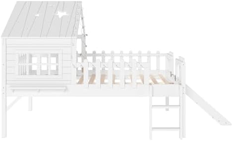 Full Loft Bed with Slide and Ladders, Solid Wood Low Loft Bed with Little Tray, Lights, Playhouse Roof, House Loftbed Frame for Kids, Boys, Girls, Childlike and No Box Spring Needed Design, White