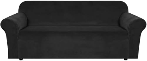 H.VERSAILTEX Stretch Velvet Sofa Covers for 3 Cushion Couch Covers Furniture Protector Soft with Non Slip Elastic Bottom, Crafted from Thick Comfy Rich Velour (Large Sofa 90"-97", Black)
