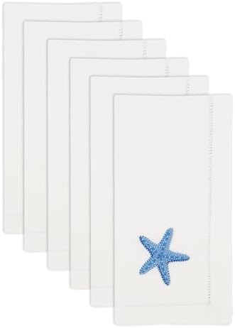 Handmade Seaside Starfish Embroidery Napkin with Hemstitched Border (Set of 6)