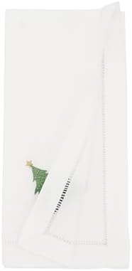 Handmade Whimsical Christmas Tree Embroidery Napkin with Hemstitched Border (Set of 6)