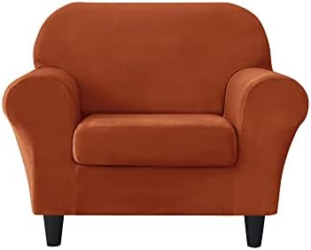 OBCREAT 2 Pieces Sofa Slipcover Stretch Velvet Sofa Chair Covers Soft Armchair Cover with Elastic Bottom Non Slip Furniture Protector for Pets Kids (Burnt Orange, Small)