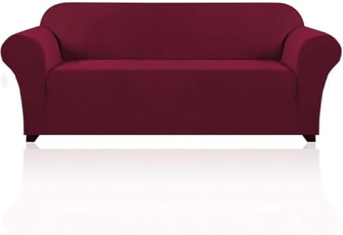 PrinceDeco Stretch Sofa Cover Slipcover Couch Covers for 3 Cushion Couch Furniture Protector Sofa Covers with Non Slip Elastic Bottom Dogs Pet Friendly Fitted(Large Sofa 90"-100",Burgundy Red)