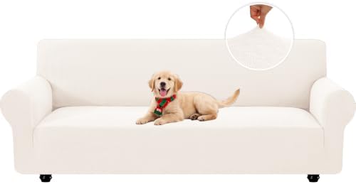XINEAGE Stretch 4 Seater Slipcover, Non-Slip Pet Couch Cover,Beige White