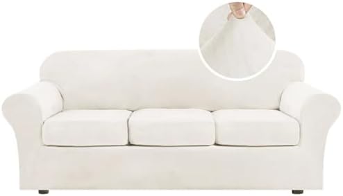 H.VERSAILTEX Modern Velvet Plush 4 Piece High Stretch Sofa Slipcover Sofa Cover Furniture Protector Form Fit Thick Velvet Sofa Cover for 3 Cushion Couch Width Up to 90 Inch (Sofa, Porcelain White)