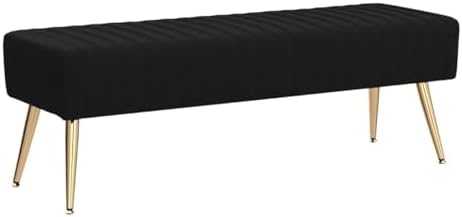 Furniliving 44 Inch Bedroom Bench, Upholstered Tufted Striped Fabric Ottoman Benches with X-Shaped Metal Legs for Living Room, Entryway Solid Wood Indoor Bench for Foyer (Black)