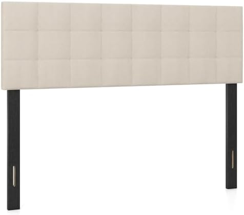 KOMFOTT Linen Upholstered Headboard for Full & Queen Size Bed, Quadrate Channel Tufted Rectangular Headboard with Solid Wood Legs & Adjustable Width, Padded Bed Backboard, Easy Assembly (Beige)