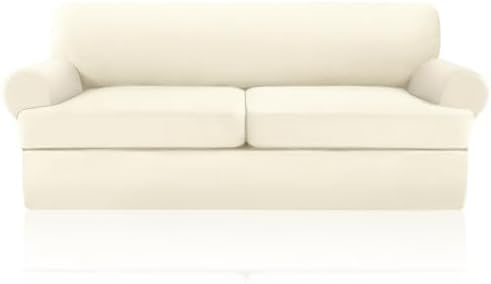 3 Pieces Sofa Covers fot T Cushion Loveseat Slipcover, Sofa Stretch Slip Covers for 2 Cushion Couch with 2 Individual T Shape Seat Covers (Light Yellow, 2 Cushion)