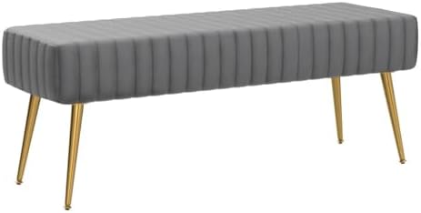 Furniliving 44 Inch Bedroom Benches, Upholstered Tufted Striped Fabric Ottoman Bench with X-Shaped Metal Legs for Living Room, Solid Wood Indoor Bench for Foyer (Grey)