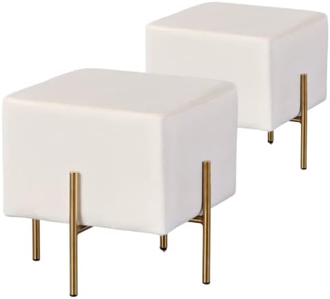 Kirpi Cream Velvet Foot Stool Set of 2, Modern Vanity Ottoman Stools with Gold Legs, Cube Accent Foot Rest for Living Room Bedroom Makeup Vanity (Cream)