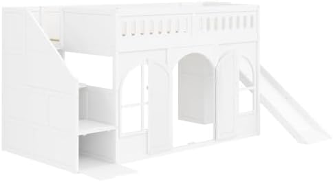 LUMISOL Twin Size Wood Loft Bed with Slide and Storage Staircase, Solid Wood Playhouse Loft Bed with Wardrobe and Window, White