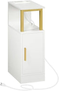 YATINEY Narrow Nightstand, Skinny Side Table with Charging Station, Bedside Table with Cabinet, Night Stand for Small Spaces, Bed Side Cabinet for Bedroom, Living Room, White and Gold ET27UDW