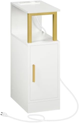 YATINEY Narrow Nightstand, Skinny Side Table with Charging Station, Bedside Table with Cabinet, Night Stand for Small Spaces, Bed Side Cabinet for Bedroom, Living Room, White and Gold ET27UDW