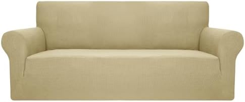 JIVINER High Stretch Couch Covers for 3 Cushion Couch, 1-Piece Jacquard Sofa Slipcovers Fitted Washable Sofa Covers with Elastic Bottom Furniture Protector for Kids Pets (Sofa, Champagne)