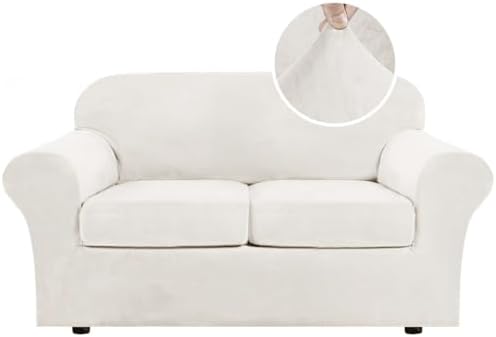H.VERSAILTEX Real Velvet Plush 3 Piece Stretch Sofa Covers Couch Covers for 2 Cushion Couch Loveseat Covers Width Up to 72 Inch Feature Thick Soft Stay in Place (Medium Sofa, Porcelain White)