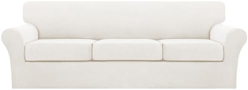 Turquoize 4 Piece Sofa Covers for 3 Cushion Couch Sofa Slipcover Soft Couch Cover for Dogs Washable Furniture Cover with 3 Individual Large Cushion Covers Feature Fabric (Large Sofa, Porcelain White)