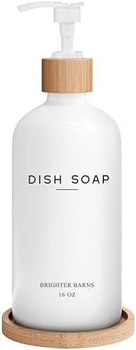 White Glass Dish Soap Dispenser for Kitchen Sink by Brighter Barns - Kitchen Soap Dispenser Set with Tray - Bamboo Pump Bottle - Neutral Minimalist Home Decor in RV, Office, Home, Airbnb, Gift (White)