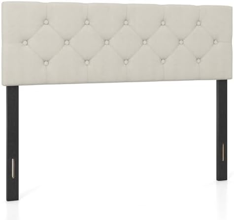 KOMFOTT Linen Upholstered Headboard for Full & Queen Size Bed Frame, Tufted Button Bed Headboard with Solid Rubber Wood Legs, Rectangular Headboard with Adjustable Width (Rhombic Button Tufted,Beige)