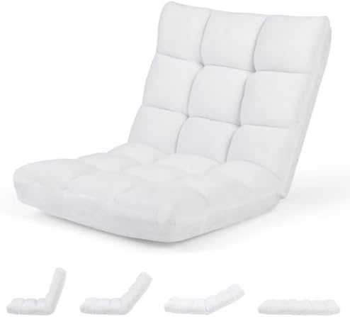 S AFSTAR Cushioned Floor Chair, 14-Position Adjustable Padded Lazy Recliner with Comfortable Back Support and Skin-Friendly Cover, Great for Reading, Playing Game, Meditating (White)