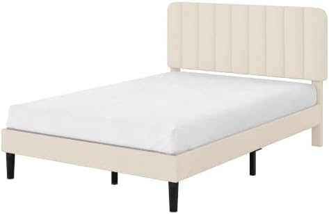 VECELO Full Size Bed Frame with Upholstered Headboard, Velvet Platform Bedframe Mattress Foundation, Strong Wood Slat Support, No Box Spring Needed,Bone Beige