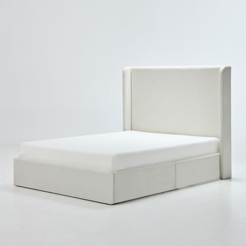 California King 52" Tall Headboard Carmen Wingback Upholstered Platform Bed Frame Premium Canvas Chenille Elegant Simplicity for Bedroom No Box Spring Needed Easy Assembly Textured Ivory