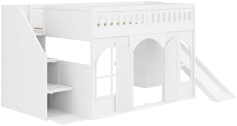 SOFTSEA Full Size Loft Bed with Storage Stairs and Slide for Kids, Playhouse Loft Bed Frame with Windows and Doors, Large Under Bed Space, White