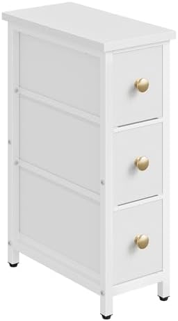 CHOEZON Narrow Side Table with 3 Fabric Drawers, Industrial Slim Bedside Table for Small Spaces, Bedroom, Living Room, Dormitory, White TBZ09WB