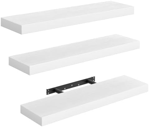 RALGEND Floating Shelves for Wall, 23.6" Wall Shelf Set of 3 with Invisible Brackets, 1.5" Thick Hanging Shelves Farmhouse Home Decor for Bathroom, Living Room, Bedroom, White 6301BJP3WT