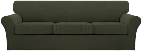 Turquoize 4 Piece Sofa Covers for 3 Cushion Couch Sofa Slipcover Soft Couch Cover for Dogs Washable Furniture Cover with 3 Individual Large Cushion Covers Feature Fabric (Large Sofa, Olive)