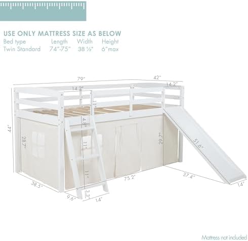 Spirich Solid Wood Kids Twin Loft Bed with Slide and Under-Bed Play Curtain