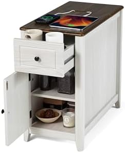 End Table with Charging Station, Side Table with Storage&Deep Drawer, White