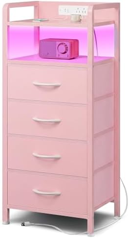 Lazzanto Nightstand with Rear Charging Station, LED Light, 4 Drawers, Pink