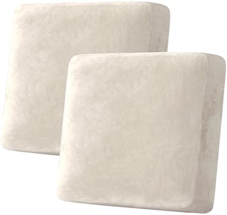 H.VERSAILTEX Velvet Stretch Couch Cushion Cover Plush Cushion Slipcover for Chair Loveseat Sofa Cushion Furniture Protector Seat Cushion Sofa Cover (2 Piece Large Sofa Cushion Covers, Ivory)