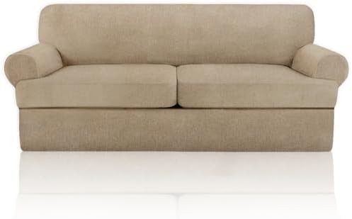 3 Pieces Sofa Covers fot T Cushion Loveseat Slipcover, Sofa Stretch Slip Covers for 2 Cushion Couch with 2 Individual T Shape Seat Covers (Island Fossi, 2 Cushion)